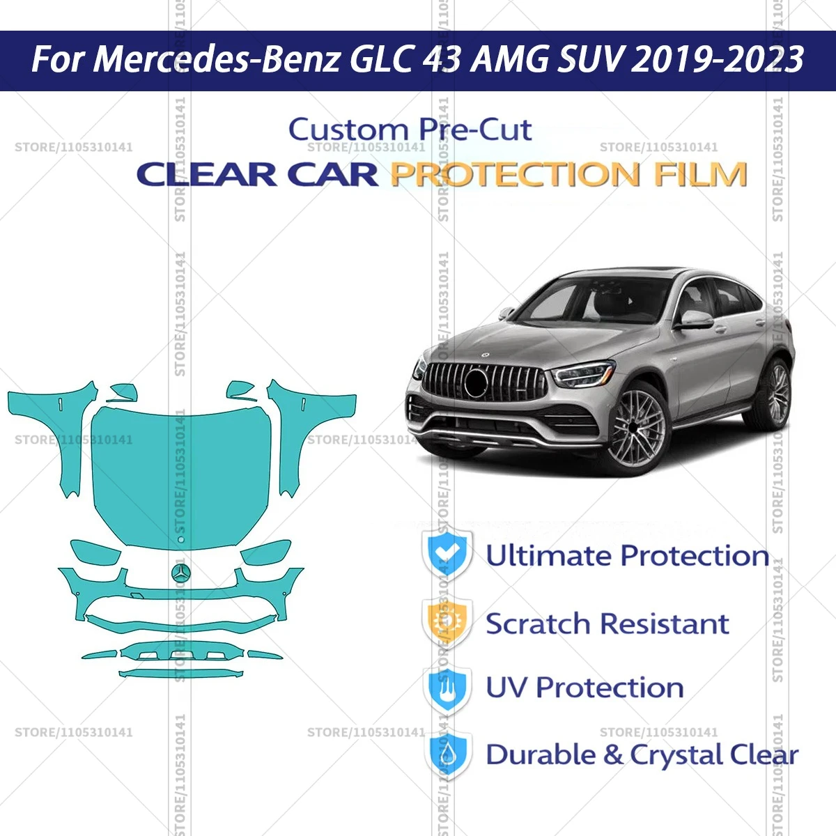 

For Mercedes-Benz-GLC-43-AMG-SUV-2019-2023 Pre-Cut Paint Protection Film PPF Transparent Car Film Automotive PPF Front Kit