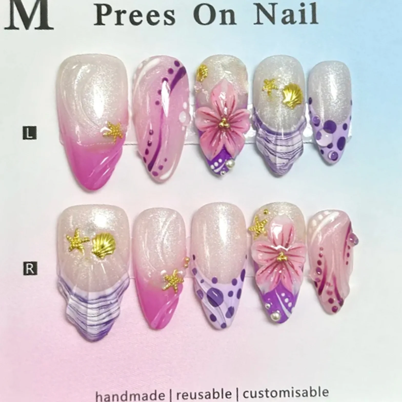 

24pcs False Nail Tips Gradient Pink Purple Nails Art French Rhinestone Design Almond Press on Nails Bow Flower Pattern Fake Nail