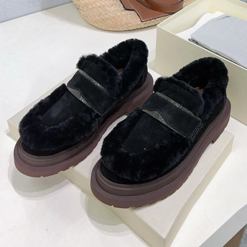 New Women's String Bead Decor Solid Color Loafers Round Toe Lamb Wool Thick Bottom Snow Boots Winter Shallow Mouth Ankle Botas