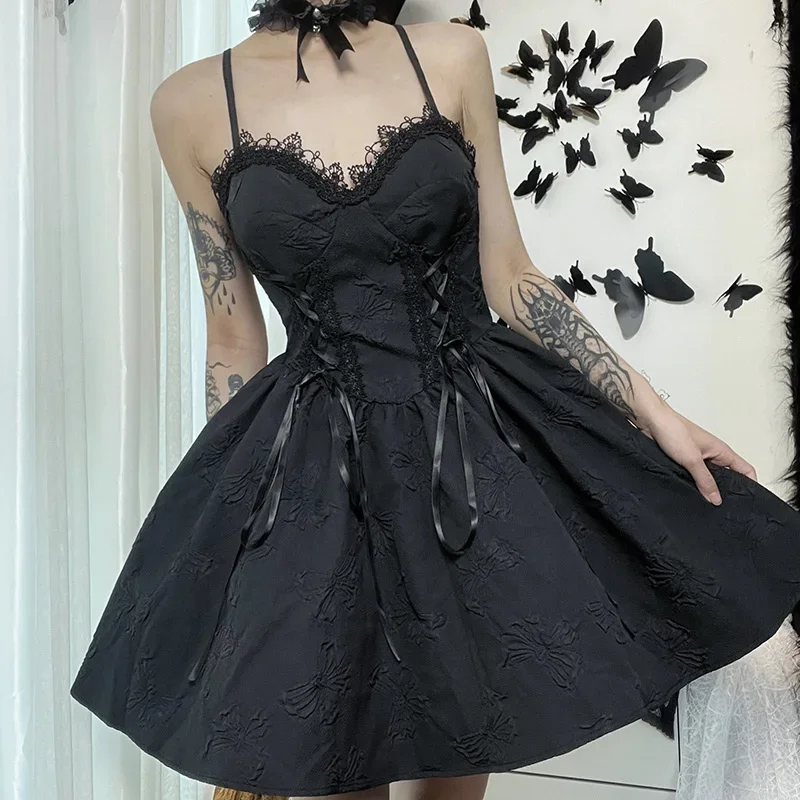 Goth Dark Tie Up Mall Gothic Elegant Women Dresses Grunge Aesthetic Jacquard A-Line Dress Emo Lace Trim Black Party Alt Clothes