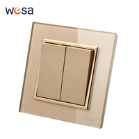 WESA Luxury Crystal Tempered Glass Panel Gold Wall Switch Flame retardant 2 Gang 1 Way Wall Rocker Switch On / Off 16A AC 250V