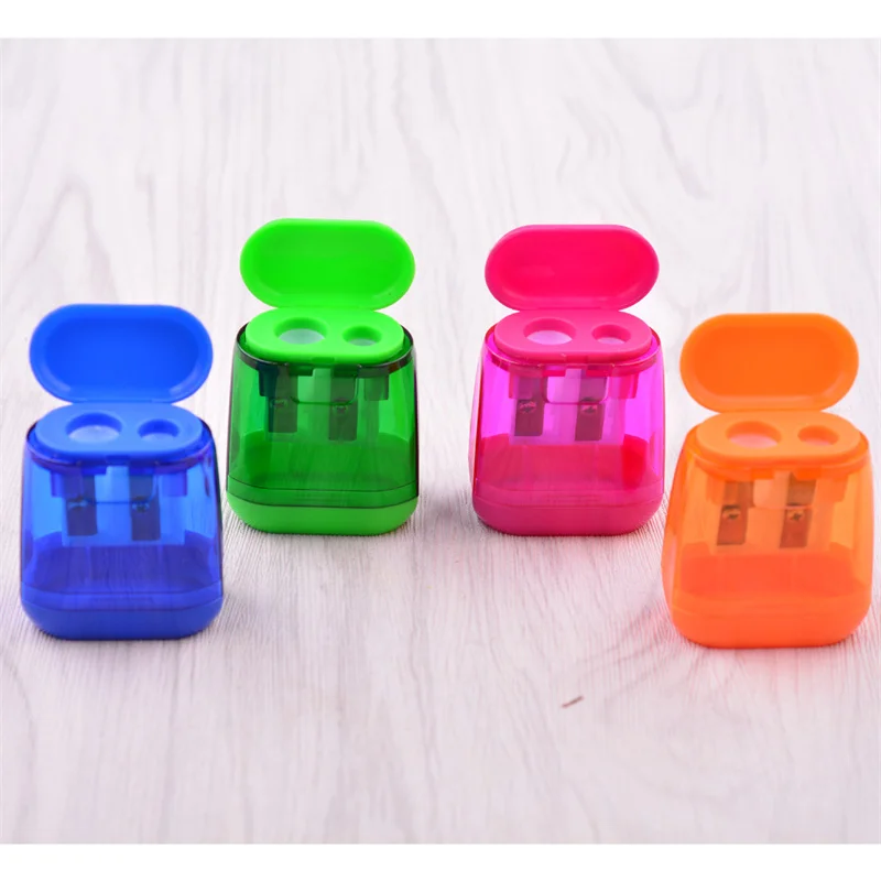 1pc Student Plastic Color Transparent Pencil Sharpener Geometric Double Hole Sketch Pencil Sharpener Manual Pencil Sharpener