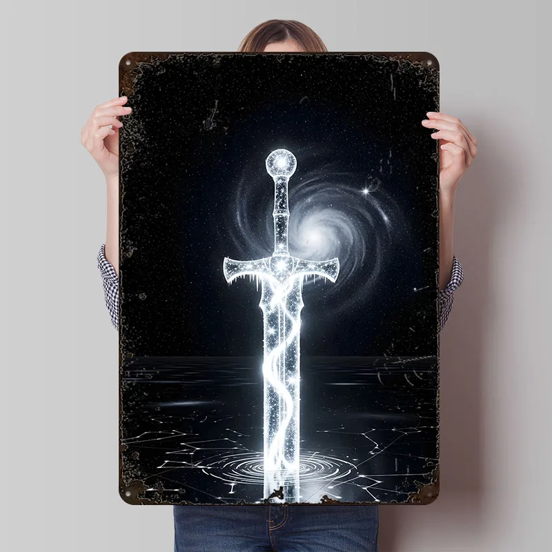 Cosmic Sword in Galaxy Metal Poster Customized Wall Art Retro Vintage Tinplate Signs for Bedroom Decoration Room Accessories
