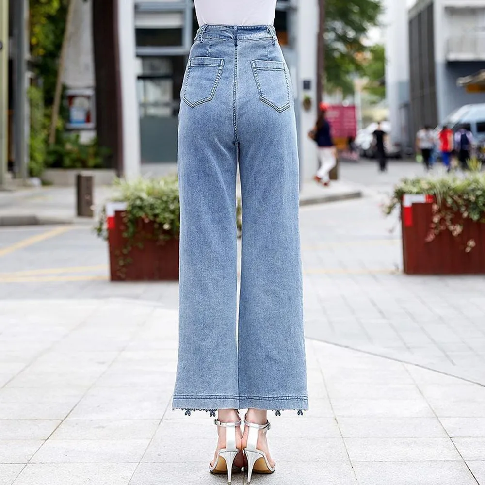 Hoge taille pantalones mujer kant patchwork uitgehold mode elegante jeans voor vrouwen alle match casual losse zomerbroek