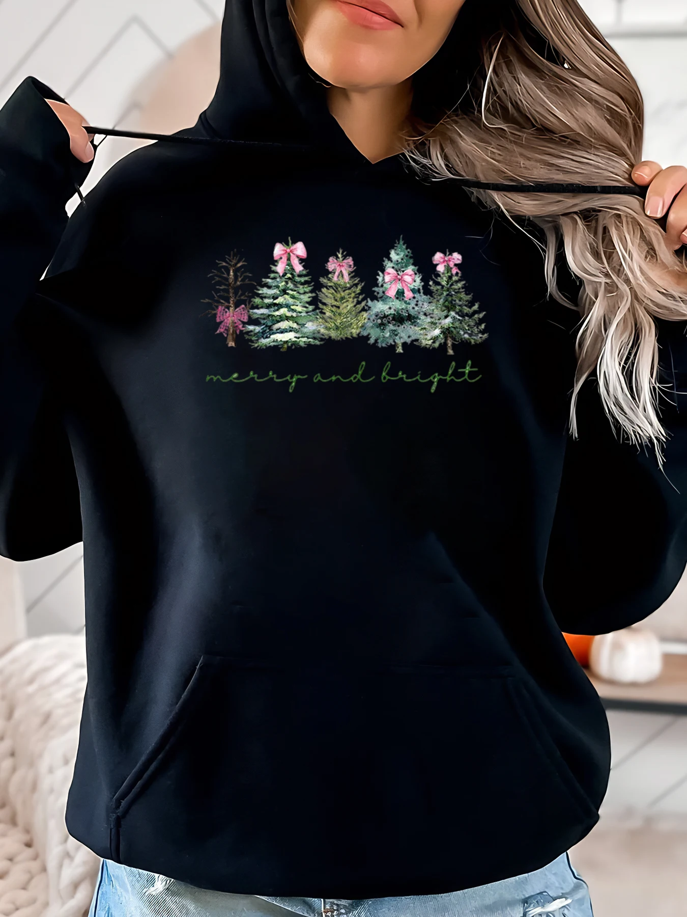Weihnachtsbaum-Hundemuster, Weihnachts-Kapuzenpullover für Damen, lässig, Urlaubskleidung, Schwarz, Übergröße