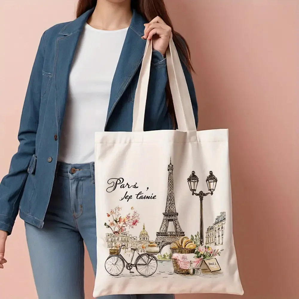 1 Piece of Fashionable Parisian Street Style Canvas Shoulder Bag with Eiffel Tower, Pastry, and Floral Designs image 2