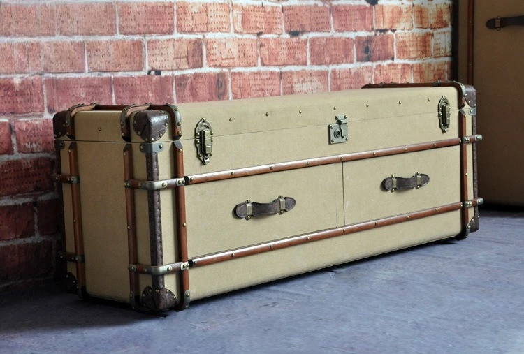 Double drawer bedside table, industrial style furniture, sail, distressed clamshell drawer