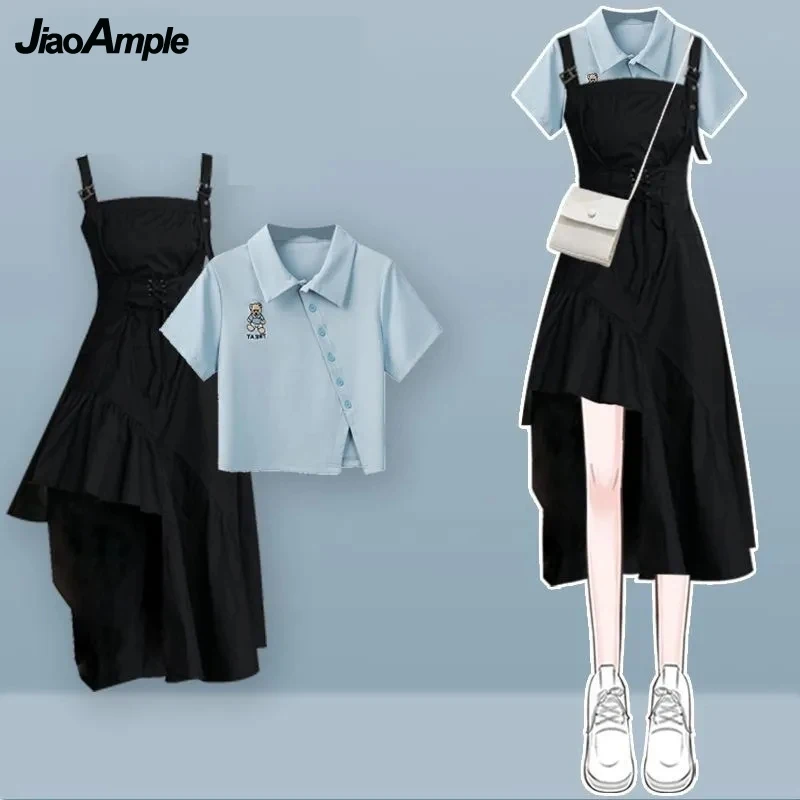 2024 Korean Elegant Summer New In Matching Set Women Fashion Short Sleeved T-shirt+Strap Dress Two Piece Female Chic Skirt Suit