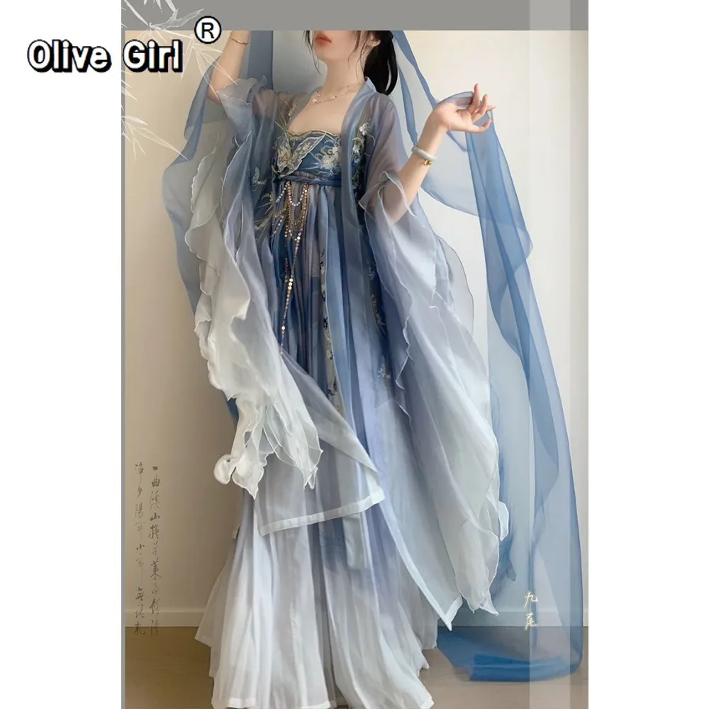 Original Hanfu Chinese Dress Cosplay Party Princess Embroidered Chest Length Long Sleeved Shirt Ancient Style in Summer