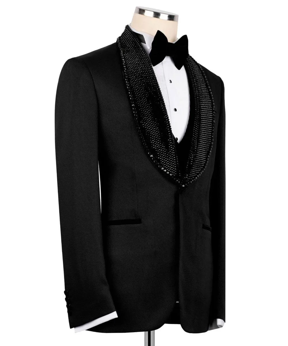 Black Single Breasted Suit With Silver Crystal Stone, Two Button Wedding Groom Tuxedo Suit, Men's Special Event Wear, Proms