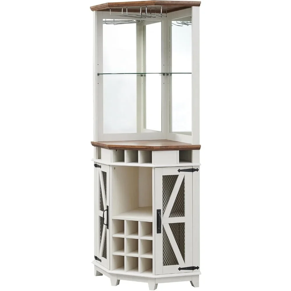 Bar Cabinet, Cabinets with Barn Door & Adjustable Shelf, Home Bars Cabinets with LED Light & Glass Rack, Bar Cabinet