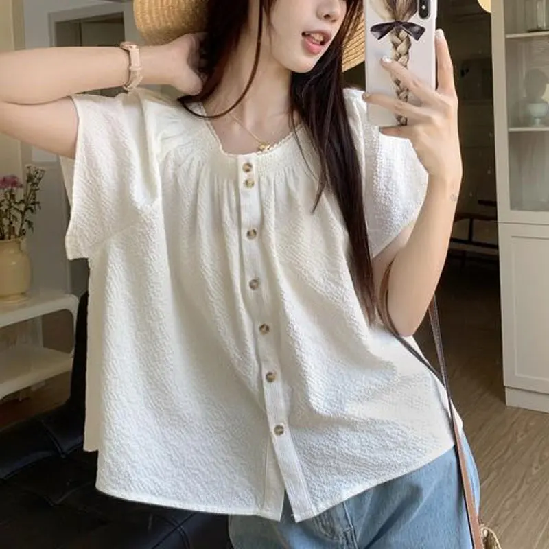 Casual Sweet Lace Spliced Blouse 2024 Summer Korean Short Sleeve Loose Female Clothing Solid Color Commute Single-breasted Shirt