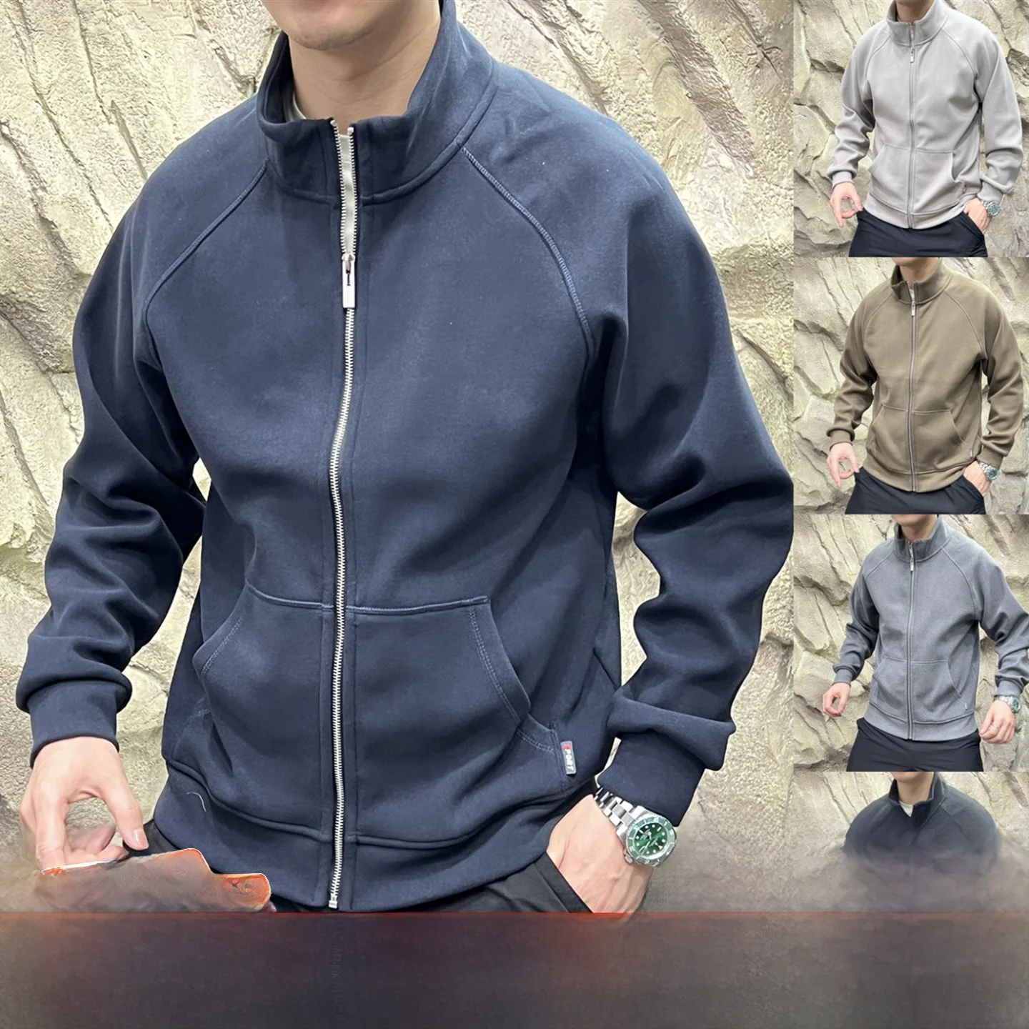 

Outdoor Thiened Fce Lined Knitted Jaet Stand Collar Elastic Zipper Men's Warm Polyester Fiber Long Sve Autumn Jaet