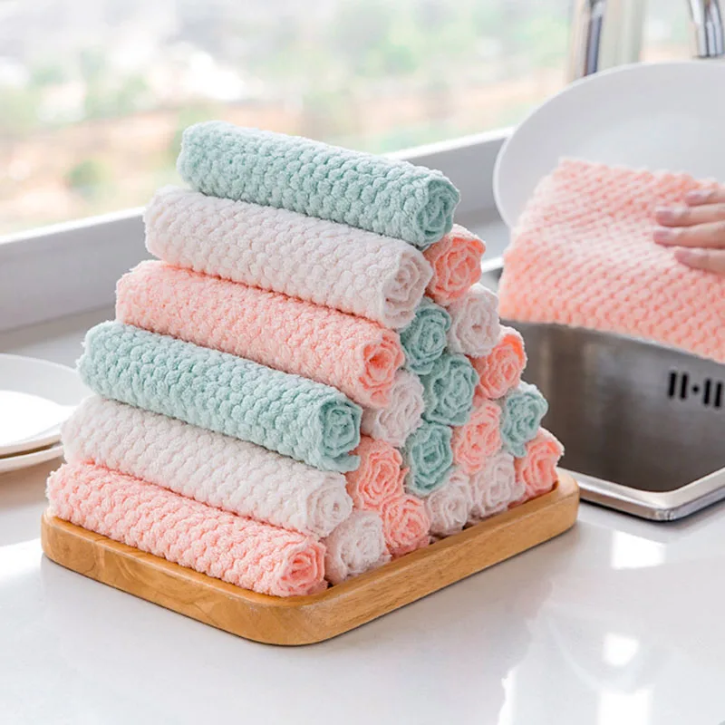 

5/10pcs Dish Cleaning Towel Pineapple Grid Coral Fleece Cloth Household Kitchen Cleaning Cloth Non-stick Oil Fast Drying