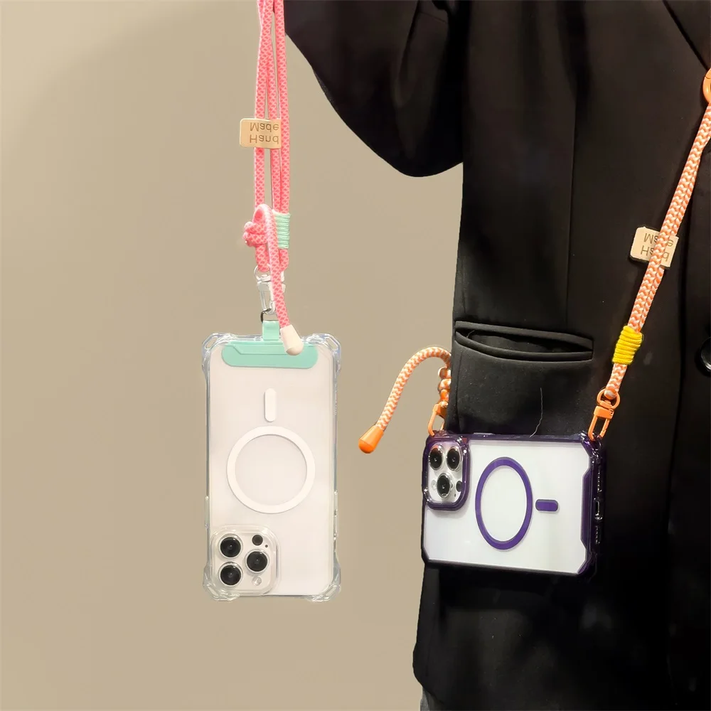

Luxury Wireless Charge Lanyard Silicone Phone Case For iPhone 17 Pro Max 16 Pro 13 12 15 14 11 17Air Plating Necklace Rope Cover