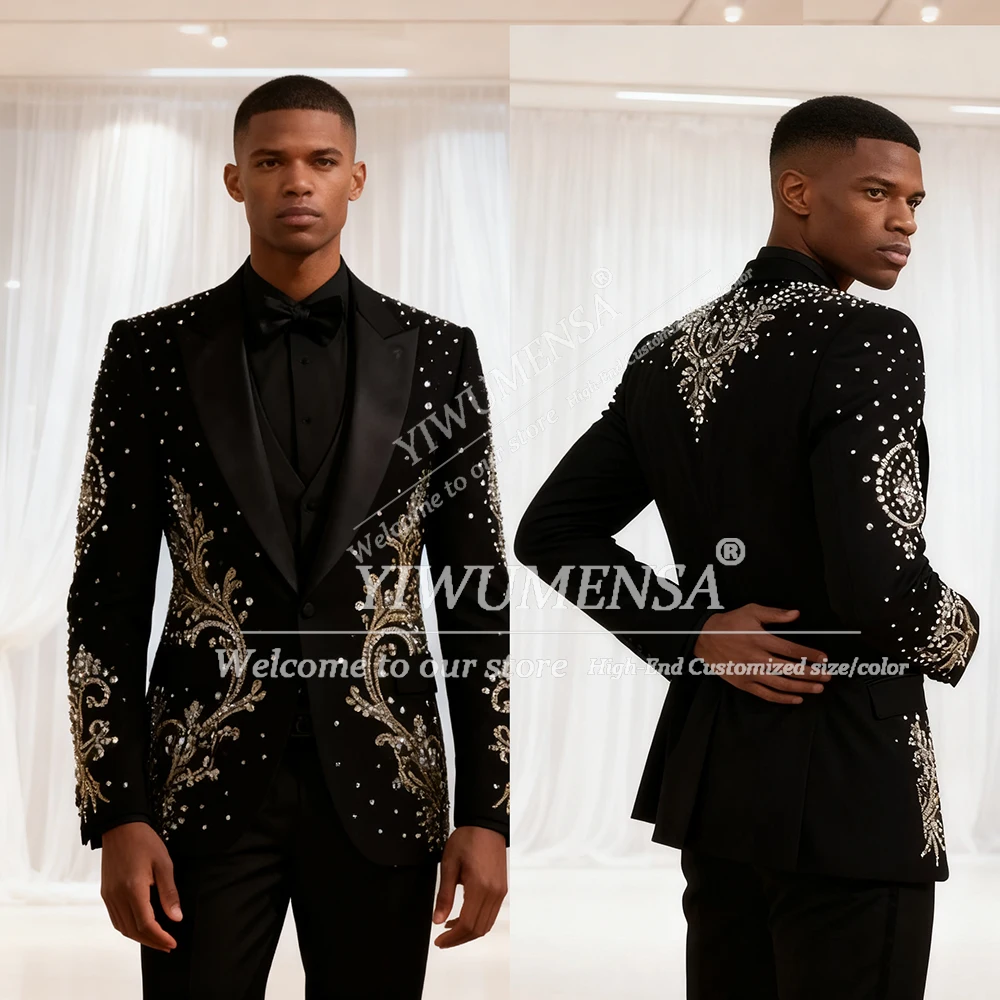 

Мужские костюмы с блестящими кристаллами и бисером на свадьбу, комплект из трех предметов, мужской деловой банкетный наряд, индивидуальные смокинги для жениха, Ropa Hombre