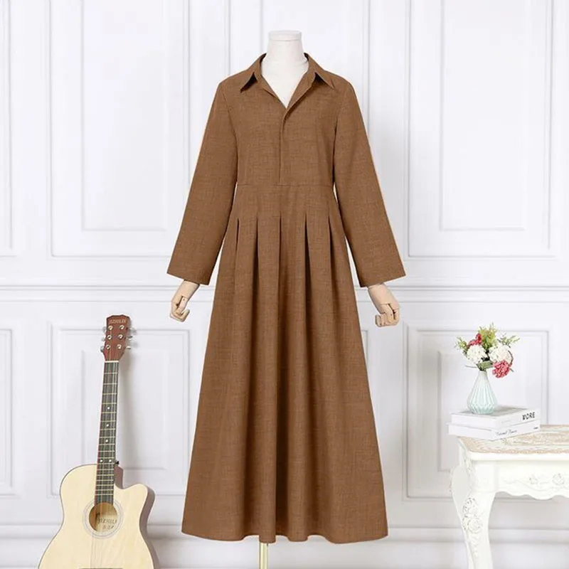 L-5XL 2022 New Solid Color Dress Lapel Casual Spring Autumn Autumn Beltless Loose Plus Size Linen Dress Coa Party Dresses