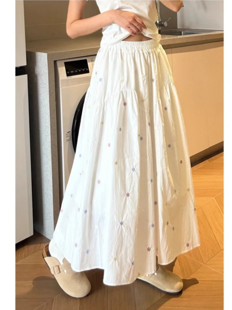 

Summer New Loose High Waist Embroidered Flower Casual Versatile f Skirt Thin Model Commute A-Line Long Skirt Women