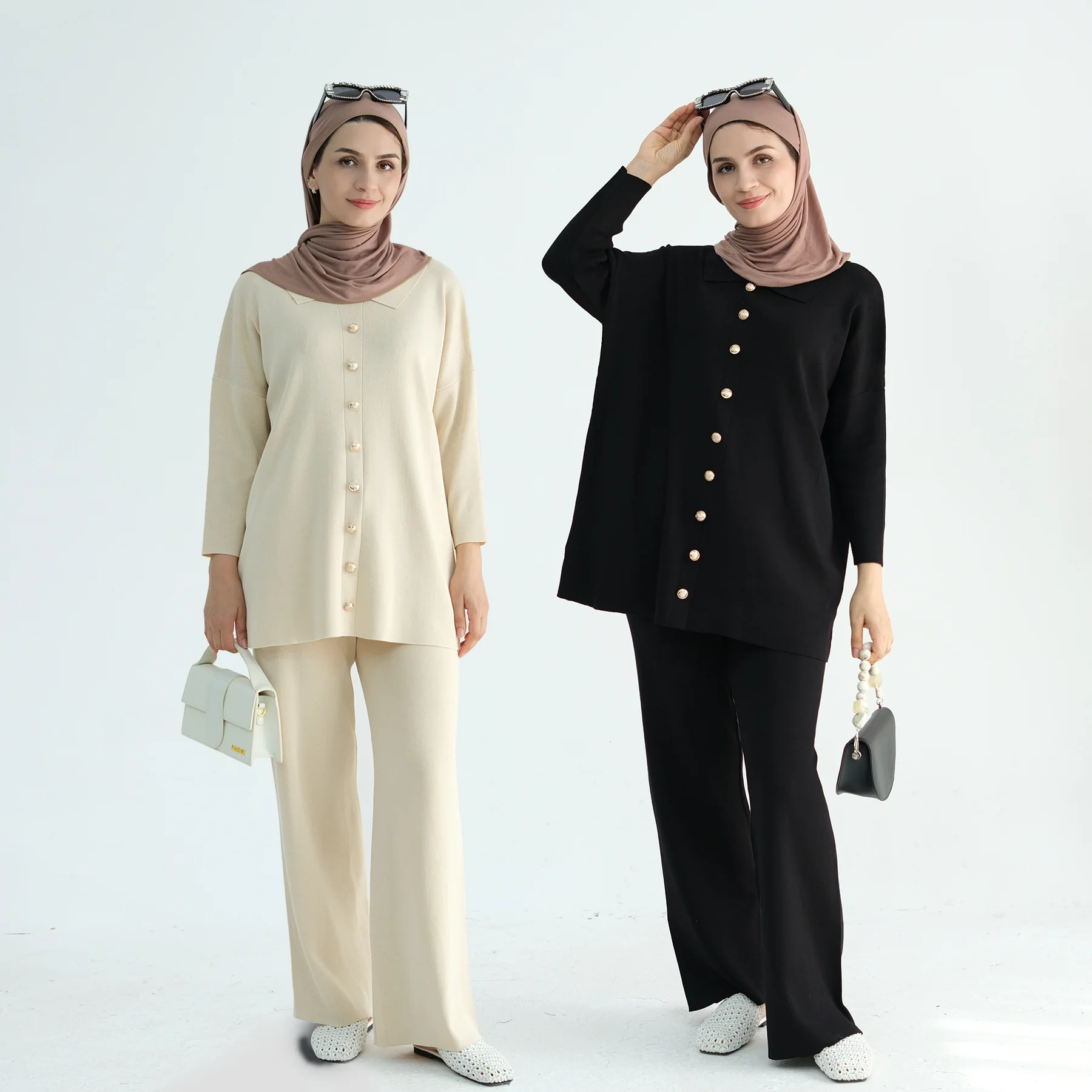 Winter Muslim Sets Luxury Dubai Abaya 2 Piece Set Turkey Knitted Sweater Casual Tops and Pant Suit Ramadan Eid Islamic Outfits