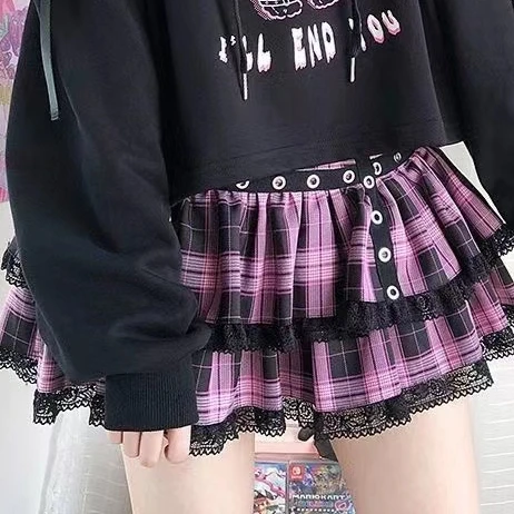 Japanese Y2k Hollow Out Print Hooded + Lace Plaid Cake Short Skirt 2 Piece Sets Women Cartoon Cute Harajuku Girls Outfit