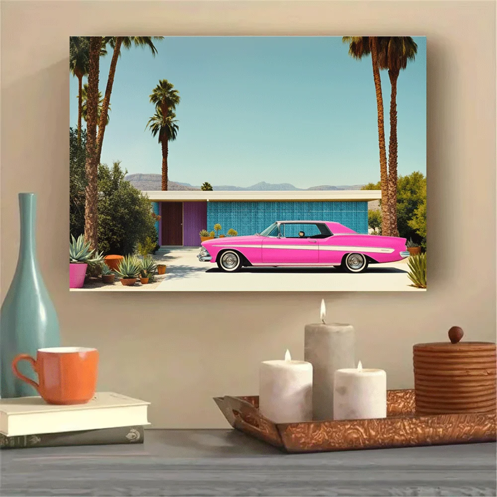 1PC-Canvas poster Unframed  Pink Vintage Car Palm Trees Mid Century Modern House Desert Landscape Art Print  summer