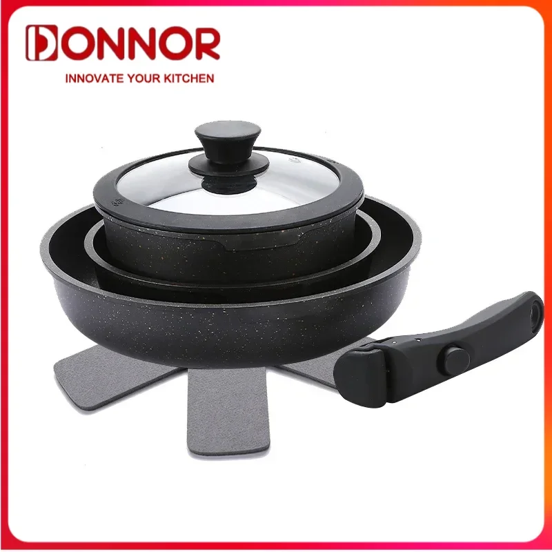

DONNOR 5pcs/set NON-STICK PAN with Removable Handle 6-layer Composite Materials Healthy Frying Pan Cookware for Frying Steak