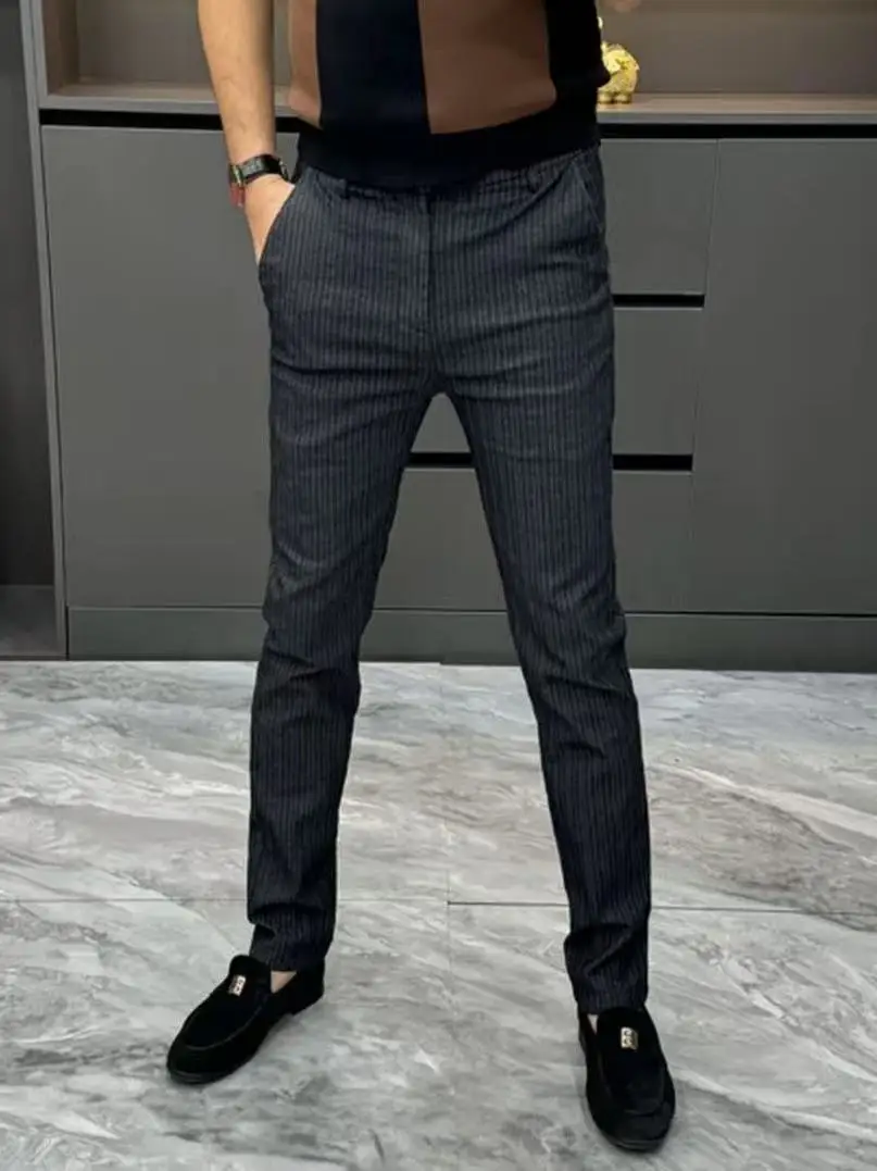

Высококачественные мужские повседневные брюки в полоску для осени и зимы, новые, плотные, прямого кроя, модные, городские, из смесового полиэстера и хлопка