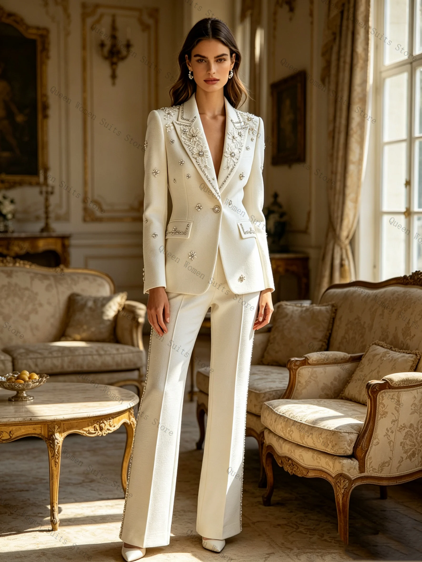 White Crystals Women Suit Set 2 Pcs Blazer Pants Trousers Luxury Spring Formal Office Lady Jacket Wedding Coat Customized