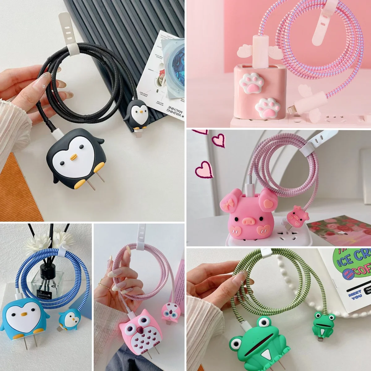 Cartoon Penguin Protective Soft Case for iPhone 18/20W Fast Charging Candy Color USB Data Cable Protective Case Winder Organizer