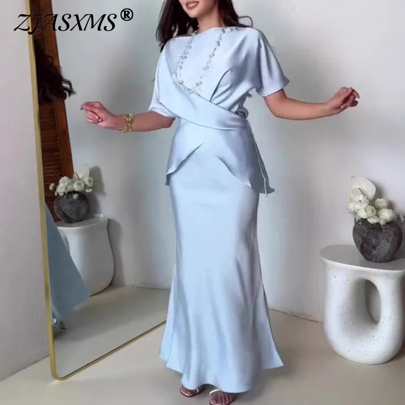 

Elegant Solid Slim Satin Party Outfit Woman Spring Sexy Slash Neck Lace-up Top & Long Skirt Set Summer Short Sleeve Commute Suit