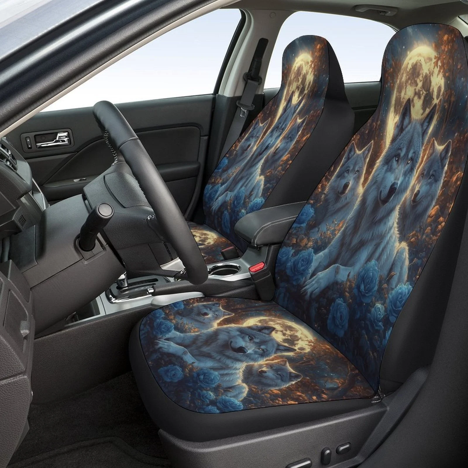 Fit Wolves Moonlight Roses Car Seat Cover Set For Most Vehicles - Full Set For 2 Front & Rear Seats With Headrest & Back, Elegan