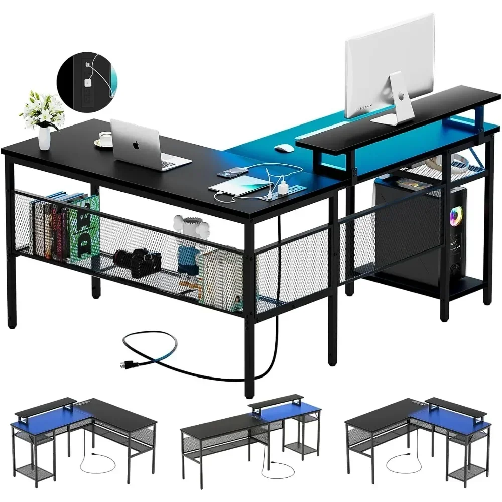 

L Shaped Computer Desk with Magic Power Outlet and Smart LED Light,55 Inch Large Office Corner Desk with Ergonomic Monitor Stand