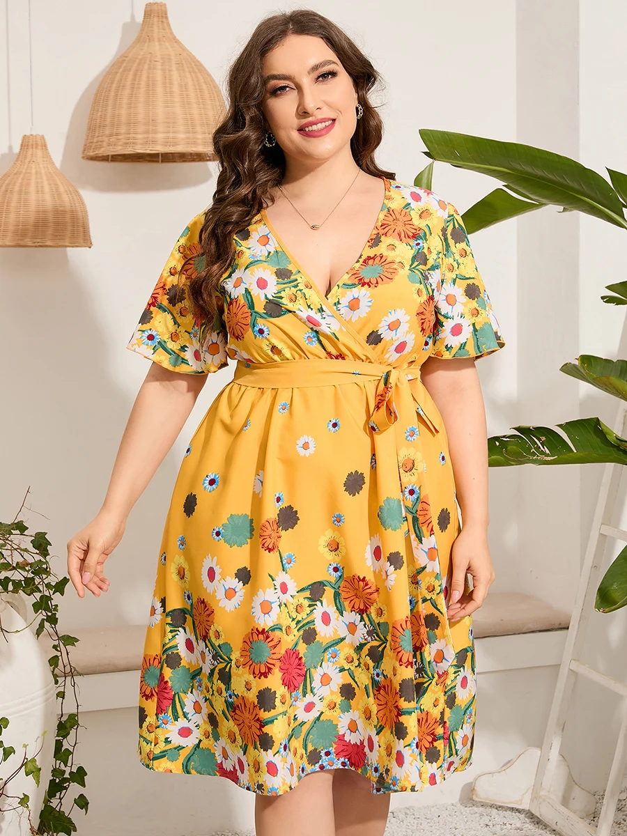 4xl 5xl Plus Size Midi Dress Women 2023 Summer V Neck Short Sleeve Floral Print Yellow Dress for Women Large Size Beach Dresses