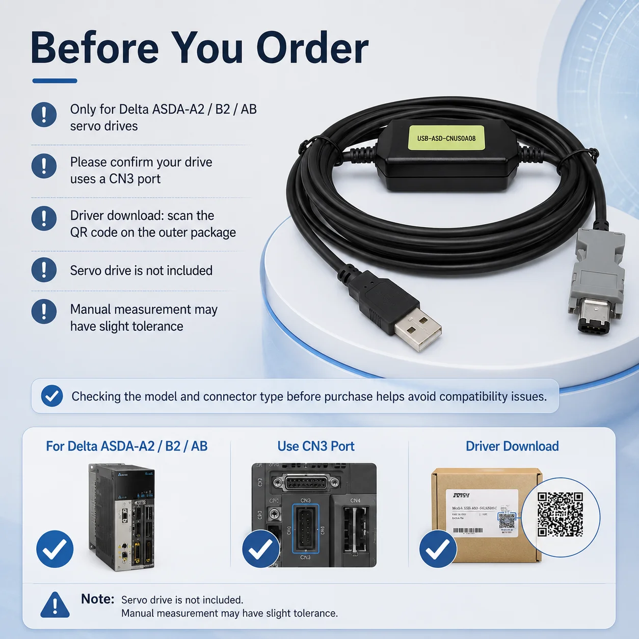 USB-ASD-CNUS0A08 CN3 Programming Cable for Delta ASDA-A2 B2 AB Servo Drive USB to RS232 3M 5V
