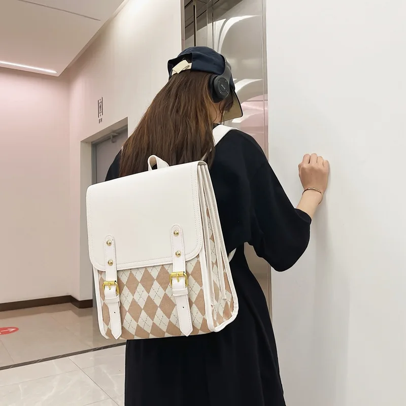 Japanese Preppy Plaid Girl Backpack Women Harajuku Vintage Rhombic Lattice Jk Brown Backpacks Ladies Retro School Bag Aesthetic