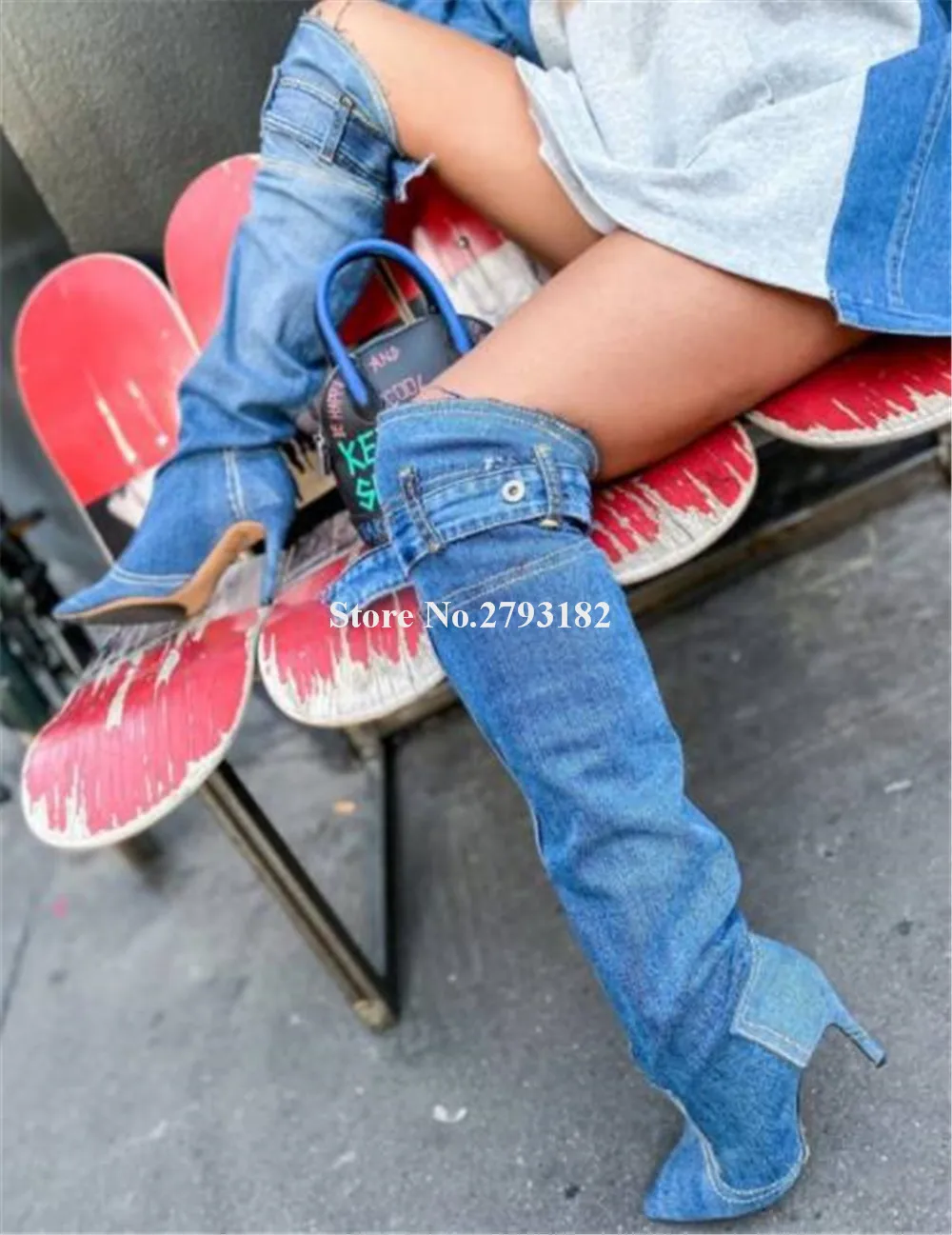 Blue Denim Knee High Thin Heel Boots Women Sexy Pointed Toe Strap Buckle Stiletto Heel Long Jean Boots Party Heels