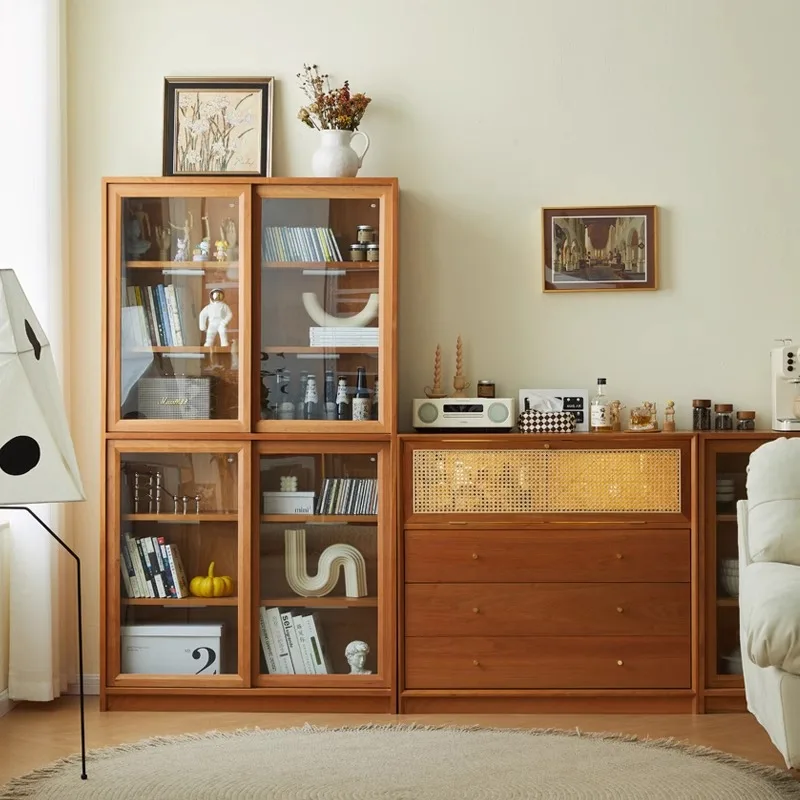 All solid wood Japanese rattan storage living room glass door free combination lattice cabinet
