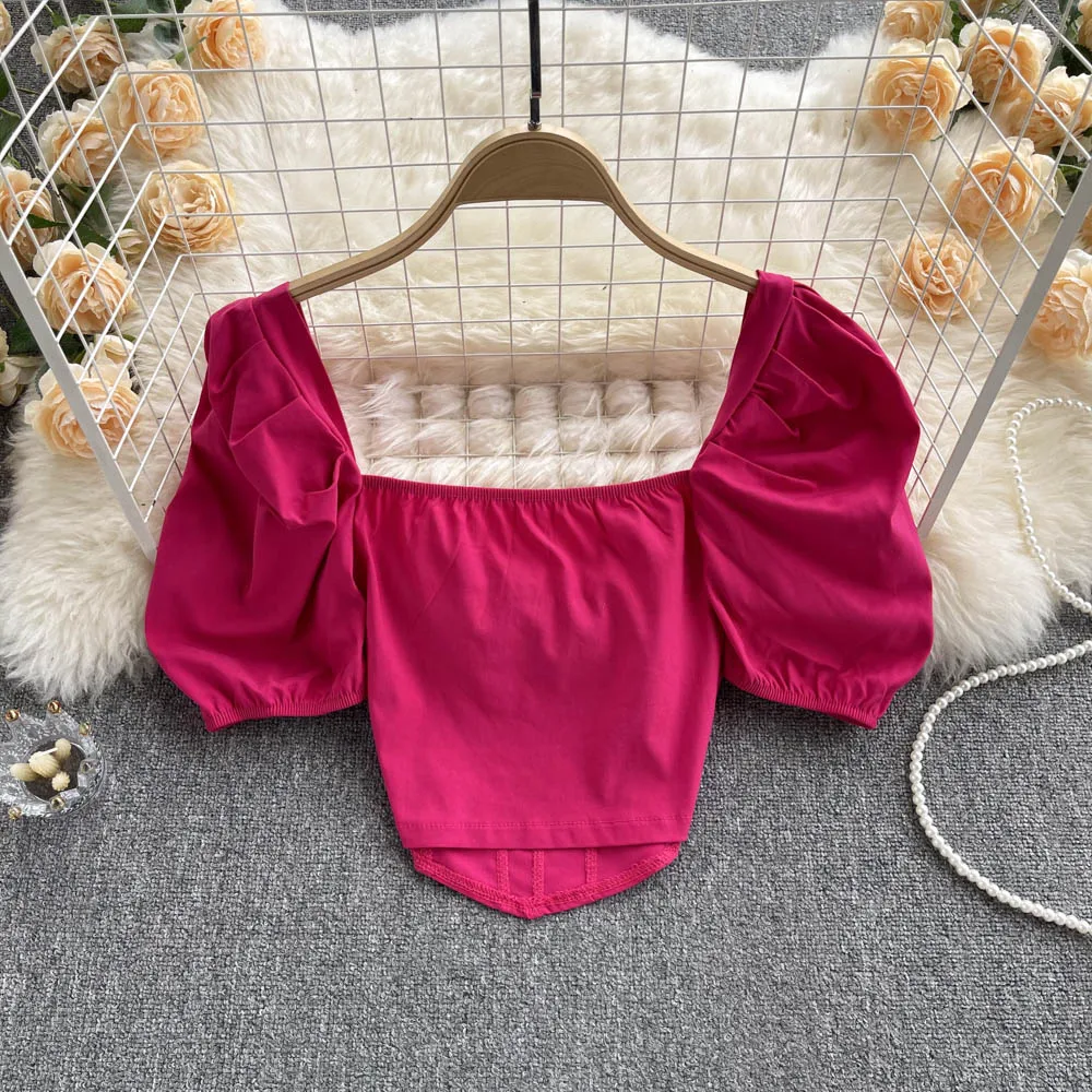 Elegant Sexy puff sleeve Square Collar Blouse Chic Pullover Vintage Shirt  Korean Women Summer crop Top