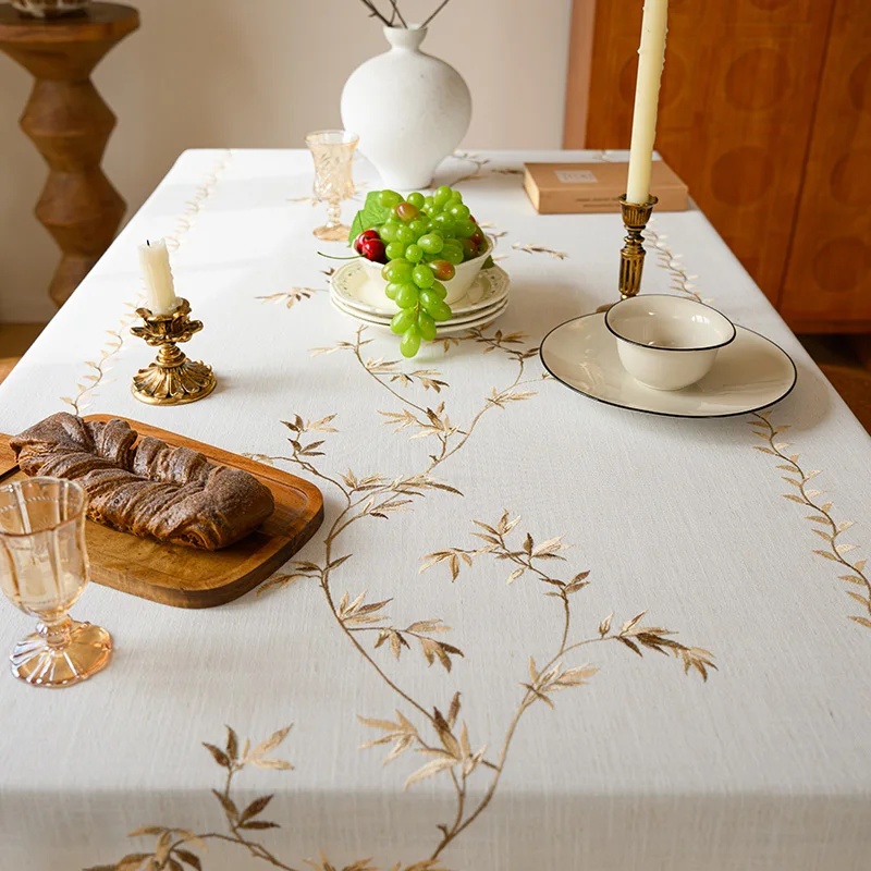 Embroidered Tablecloth Golden Coffee Bellflower Asparagus Fern Wheat Ear Pattern Rectangular Linen Cotton