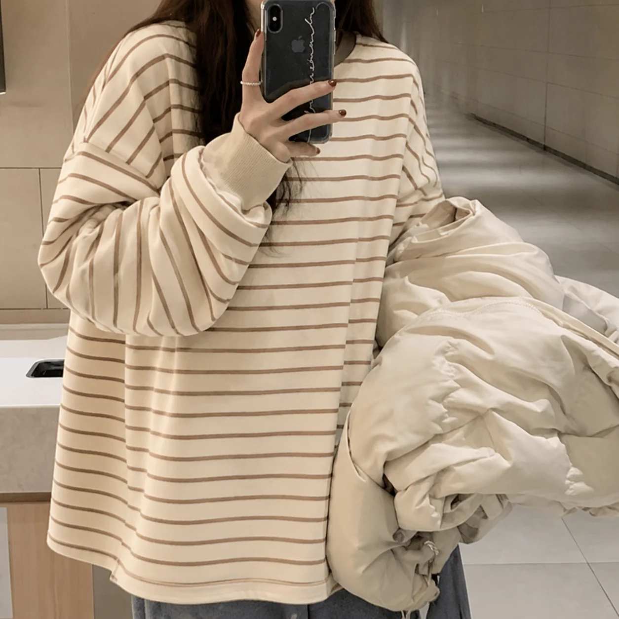 Women T-Shirt Lady Autumn Vintage Striped Long-Sleeve Top T-Shirt Girls Student Crew Neck Top Loose Casual Long-Sleeve T-Shirt