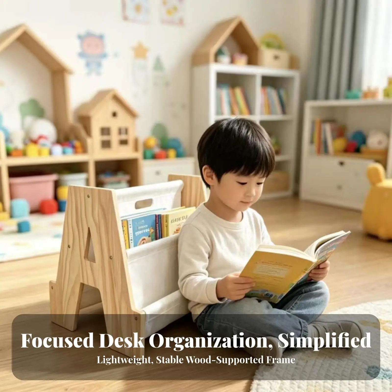 Book Display Shelf for Kids Wood Fabric Pouch Portable Childrens Bookshelf for Cozy Nursery Room