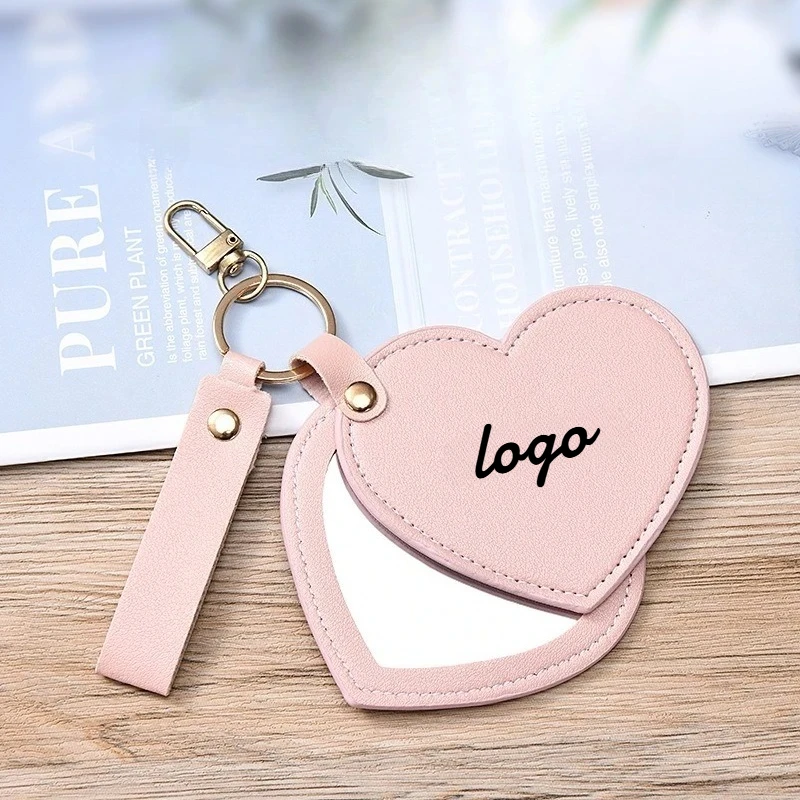 Laser Engrave Car Keyring Custom LOGO Keychain PU Leather Heart-shaped Rotating Makeup Mirror Portable Personalized Key Chains