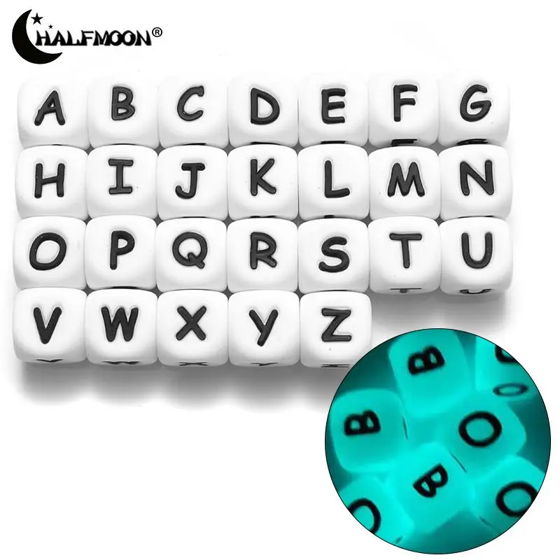 50pcs 12mm Glowing in The Dark Silicone Letters Beads Luminous Personalized Name Alphabet Teethers Chewing Beads