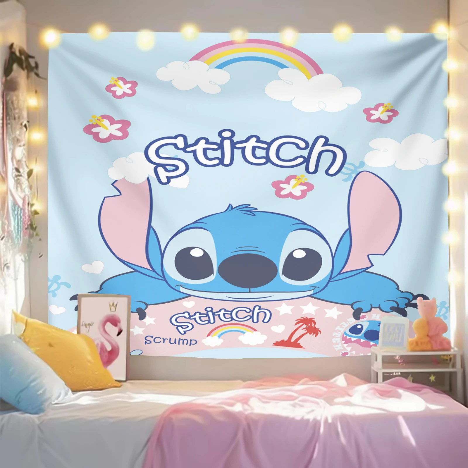 Stitch Tapestry, Cartoon, Kawaii Design, Wall Hanging, Home Background Decoration, Student Dormitory, Bedroom, Living Room