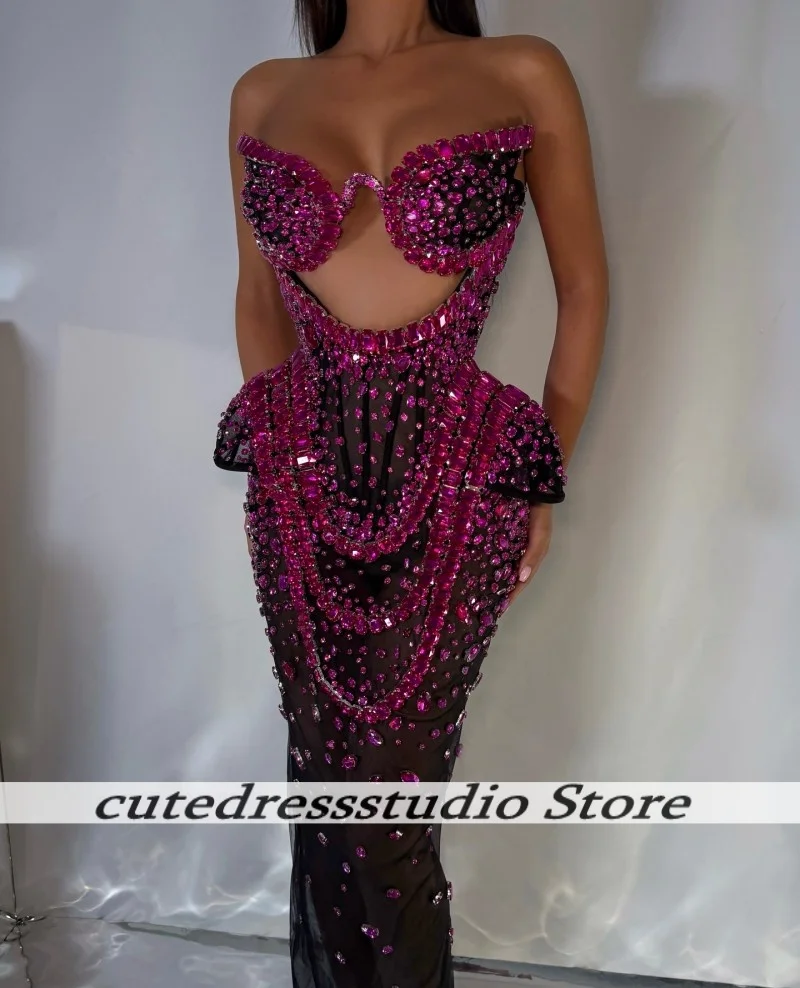 فساتين سهرة أنيقة بدون أكمام حورية البحر للنساء فستان حفلة موسيقية فاخر بكريستال أرجواني مجوف رداء حفلات المشاهير حسب الطلب