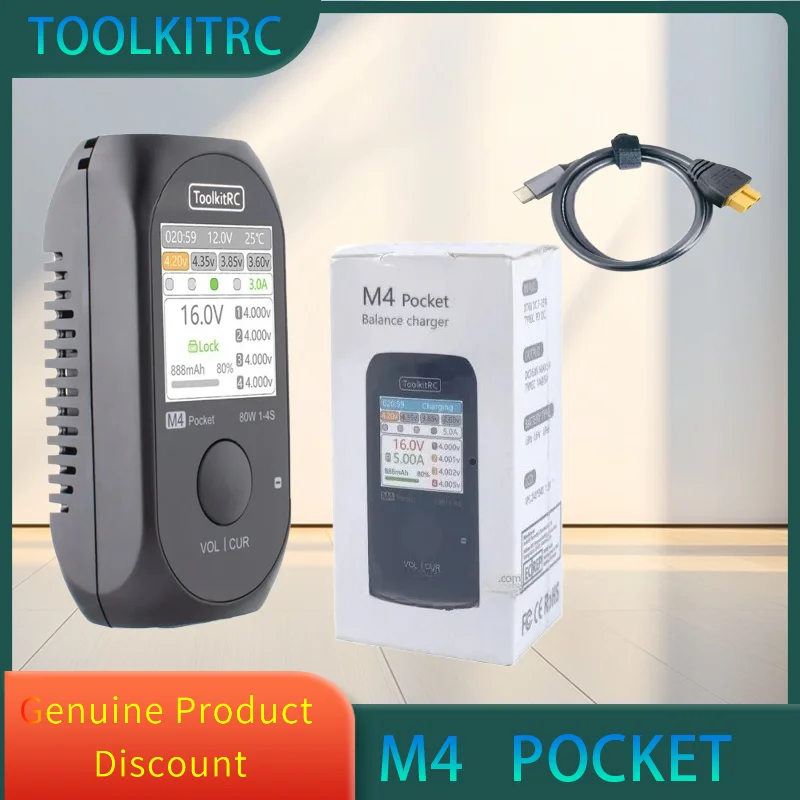 

ToolkitRC M4Pocket 80W M4P 5A MINI Smart Compact Charger Built-in USB-C XT30 XT60 Output for 1-4S Lipo LiHv LiFe Battery