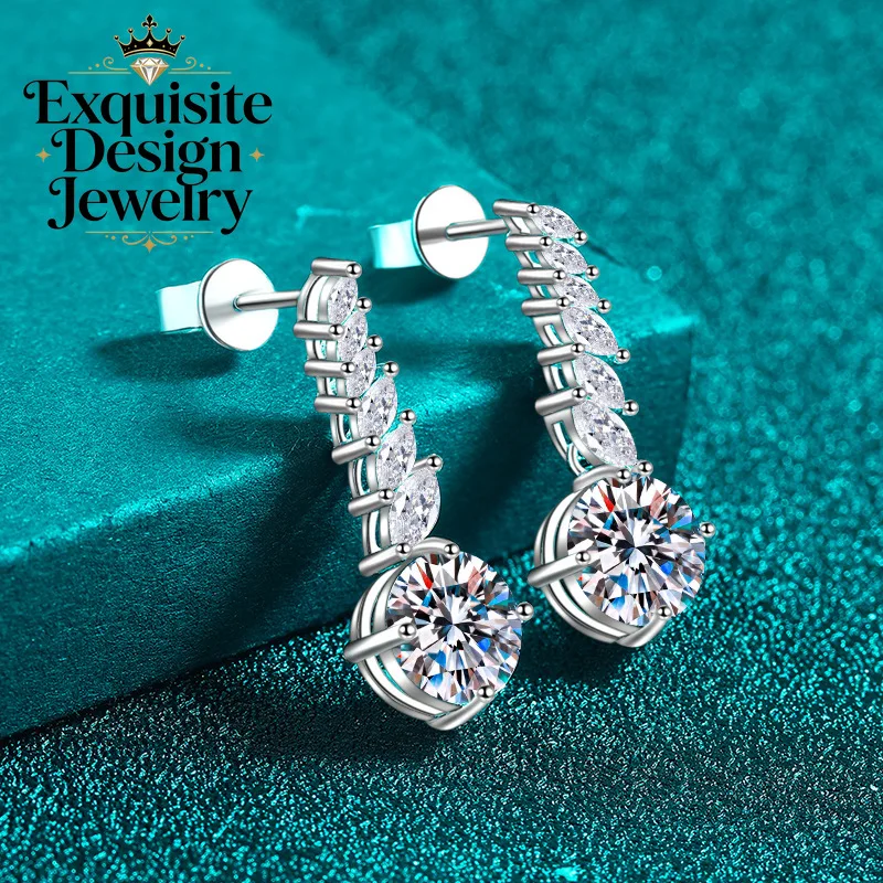 Exquisite Platinum PT950 Fashion 4-carat Moissanite Stud Earrings, Gorgeous Diamond-set Marquise Tassel Earrings Gift for Women