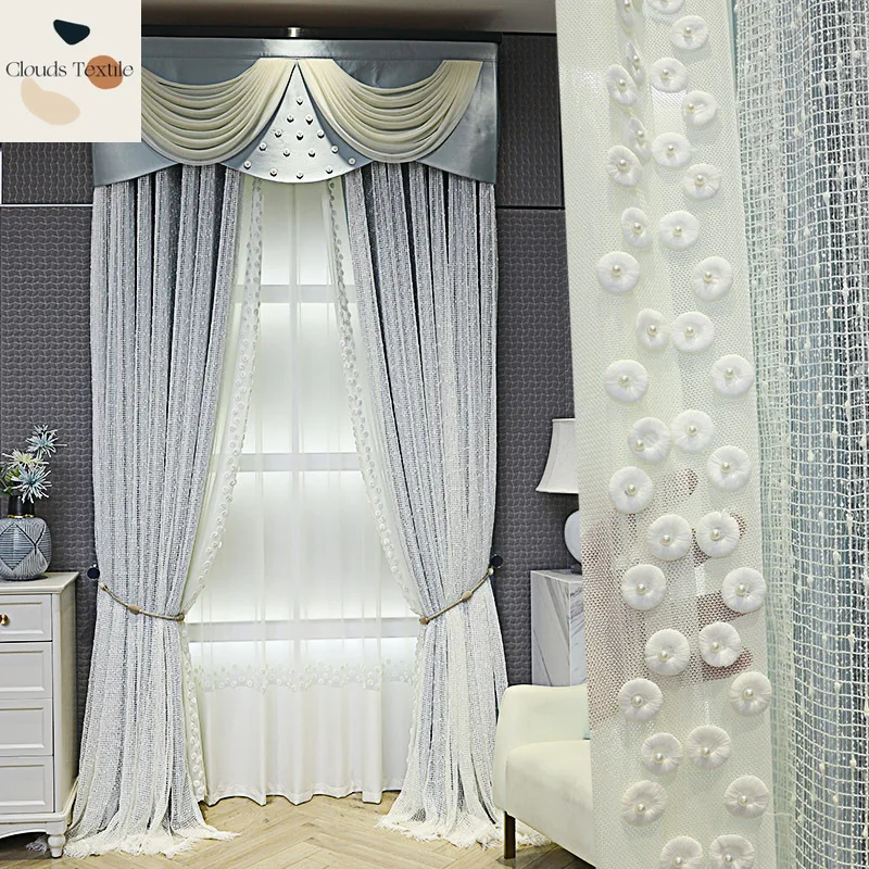 Modern French Romantic Warm Princess Luxury Baby Blue Tulle Curtains for Living Room Bedroom Dining Window Drapes Custom Size