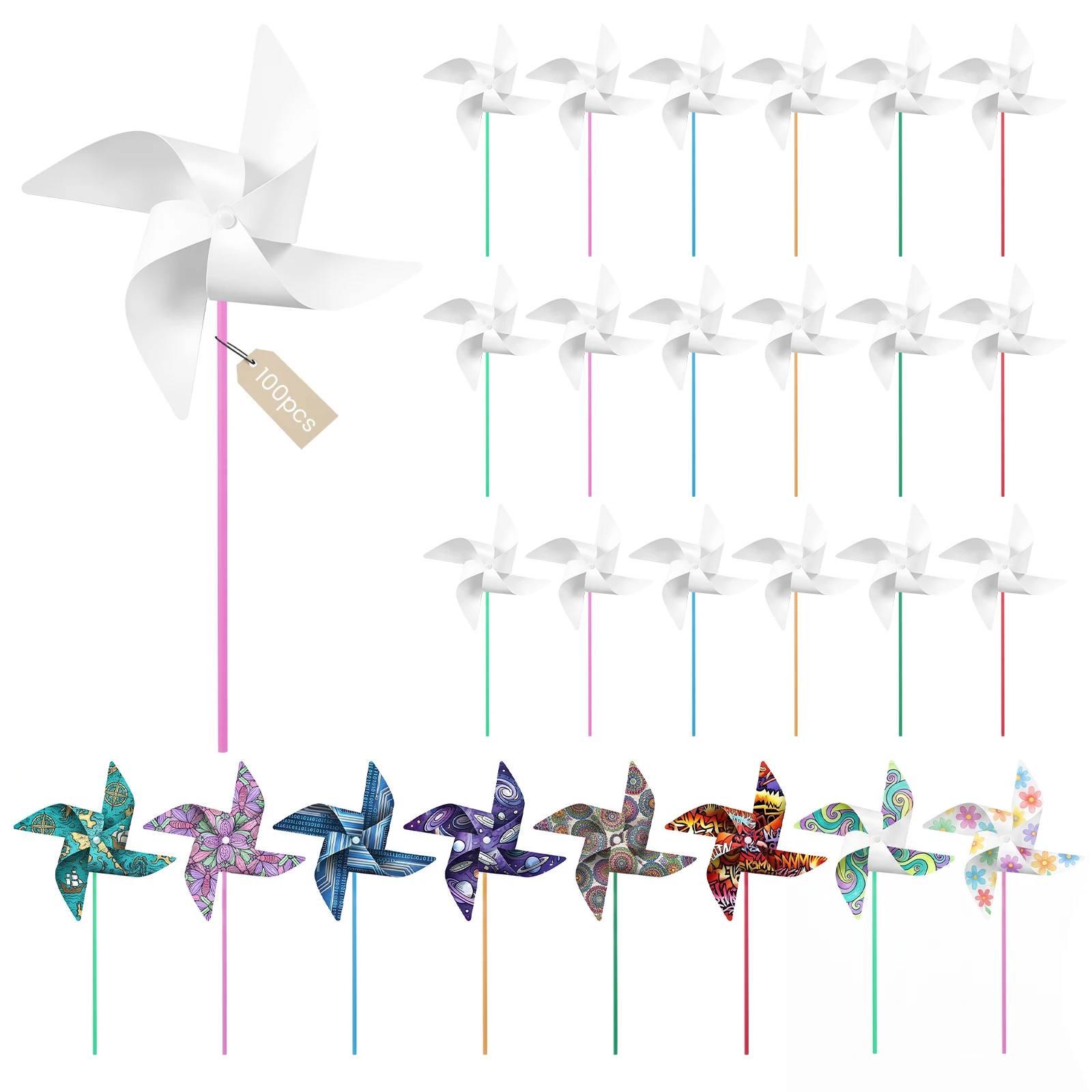 100 Pcs DIY Paper Pinwheels Crafts Set Blanks White Small Windmills Kids Crafts Drawing Toy Assembly School Parties