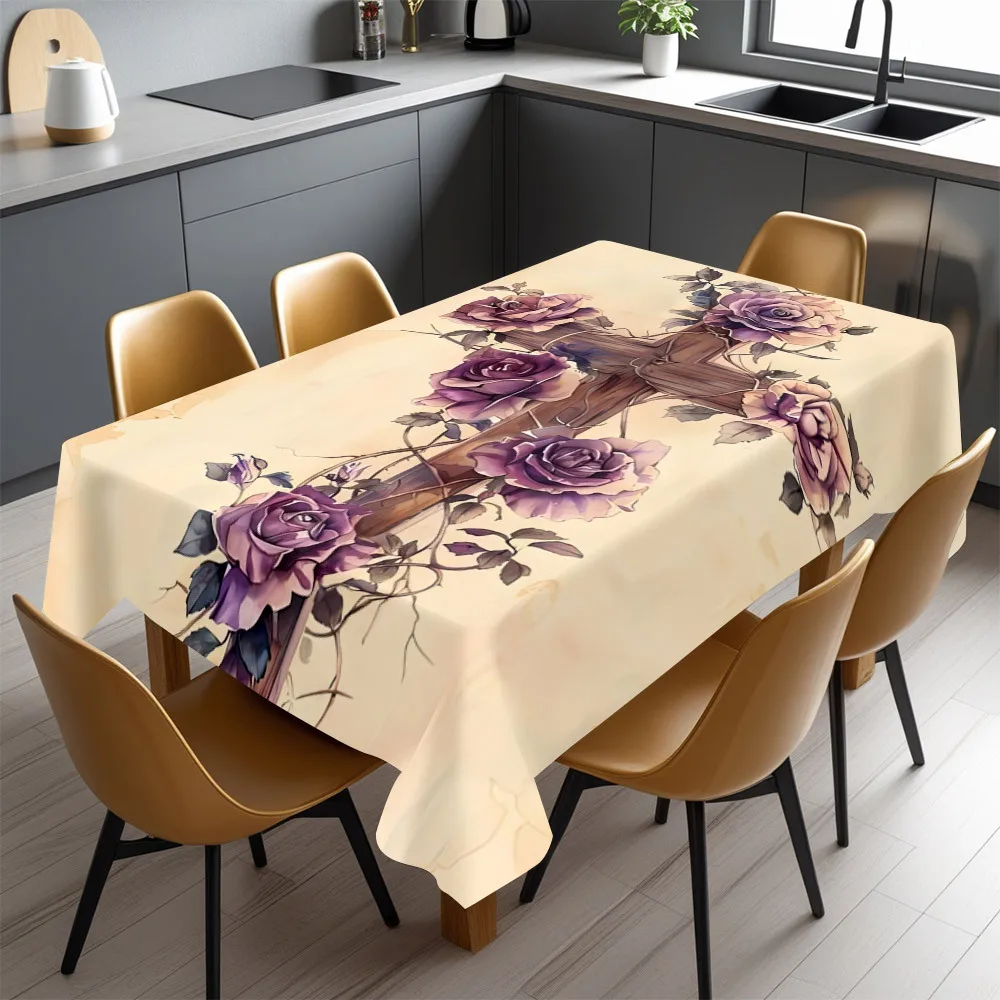 Elegant Floral Cross Tablecloth Waterproof Dining Table Cover for Home Decor Centerpiece